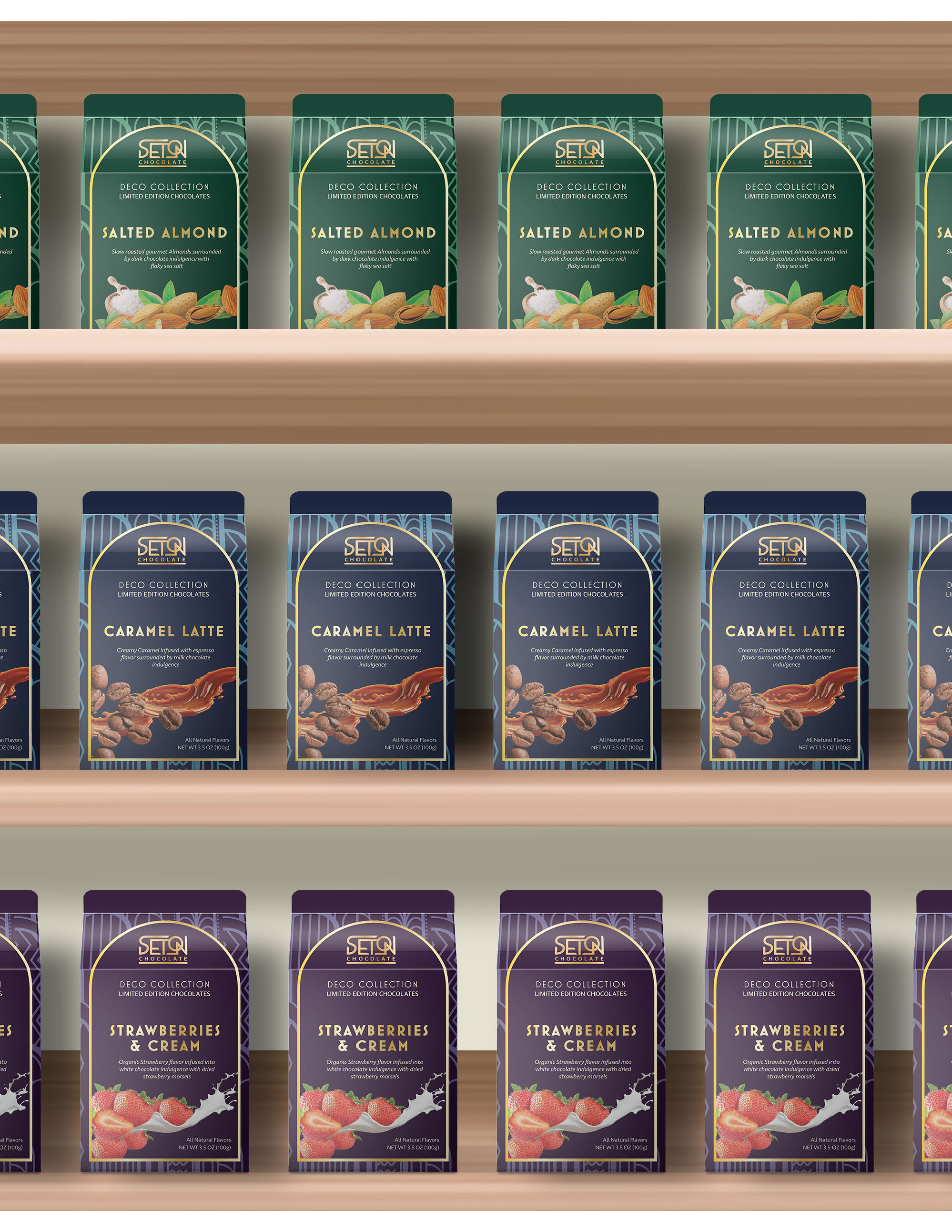 The three flavors are seen in their respective packaging in rows on shelves.